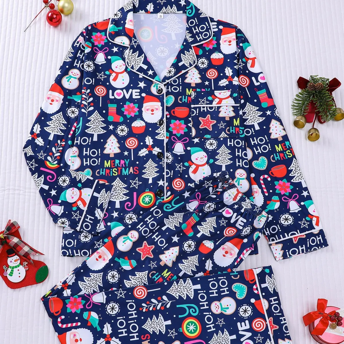 Christmas Santa Tree Snowman Print Pajamas for Women  Festive  Loungewear Set Cozy Holiday Sleepwear Family Gift