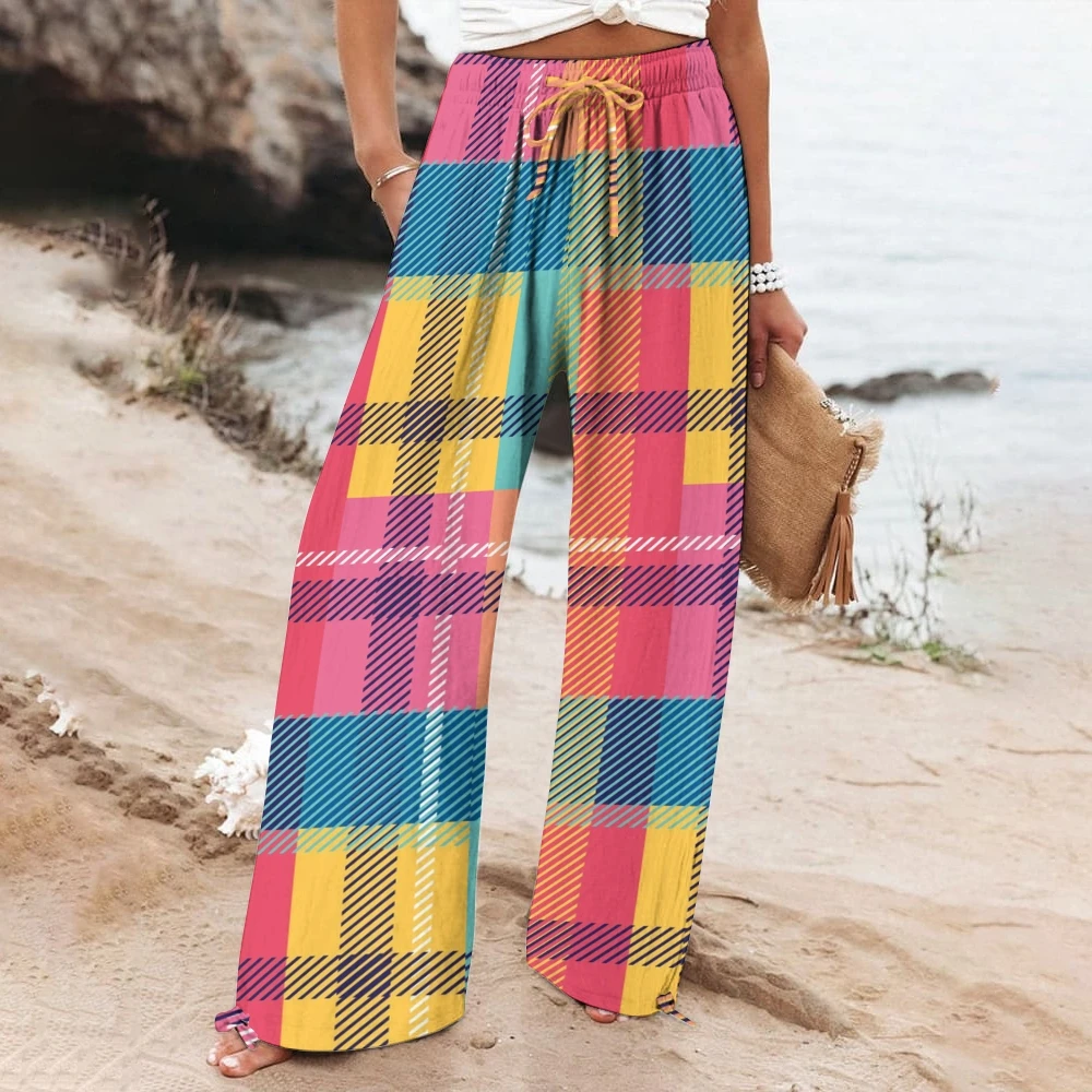 

Woman Stripe Pant Outfit Spring Seaside Vacation Outfits With Striped Pants Relaxed Fit Multicolor Gingham Drawstring Pants