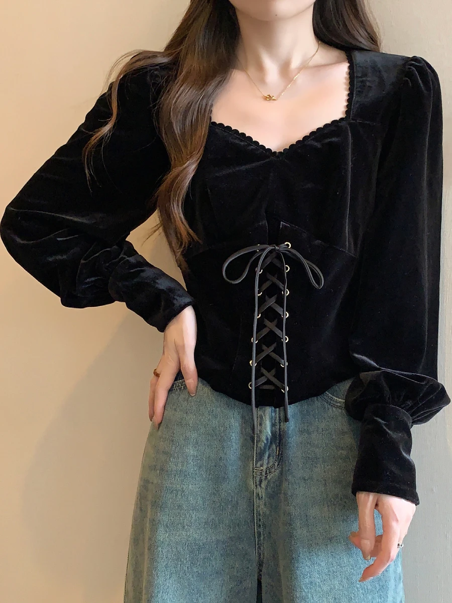 

French Vintage Women Black Velvet Shirts Spring Autumn Square Collar Long Sleeve Lace-up Tops Oversized Solid Ladies Blouse