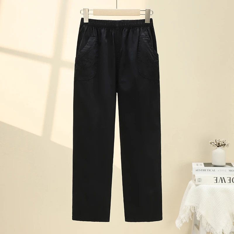 Summer Embroidery Women's Plus Size Cotton Pants 2025 Stretch Casual Waist Office Outdoor Pants Breathable Cool Clothing