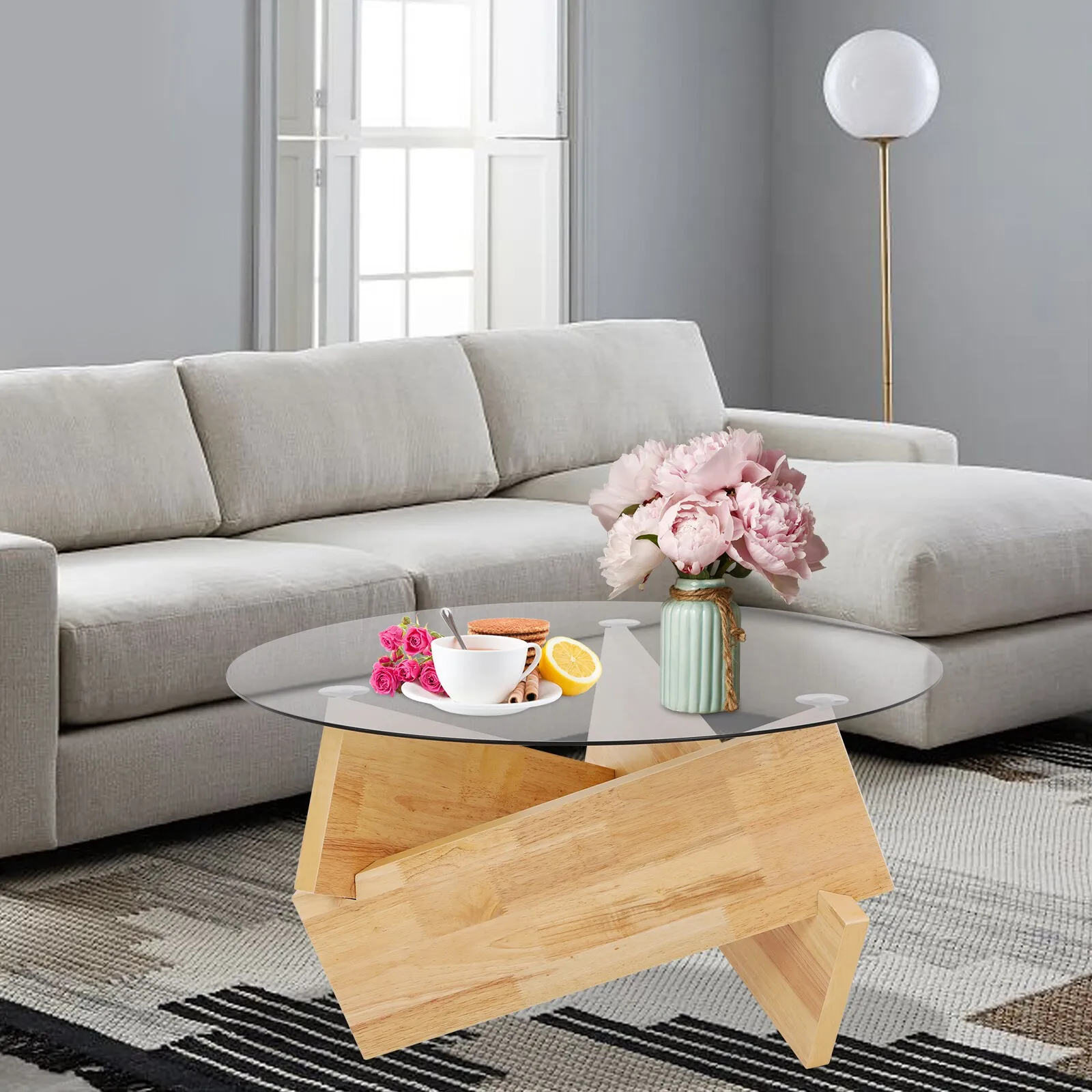 31.5in Round Modern Side Living Room Table Side Table with Tempered Glass Top End Table