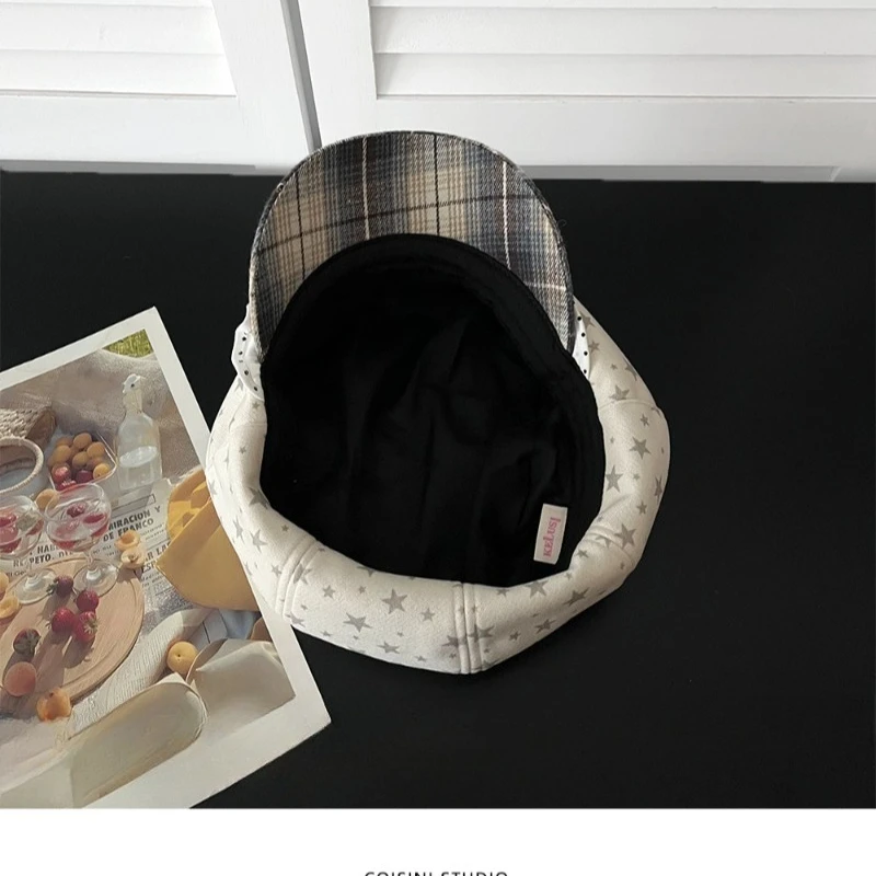 Niedliche, mit Sternen bestickte, achteckige Newsboy-Mütze mit Hasenohren, koreanischer Herbst- und Winter-Vielseitigkeits-Süß-Kunst-Malerhut für Damen – Detail 6