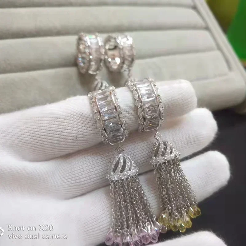 

Sparking 925 Sterling Silver Yellow Pink Cubic Zircon Tassel Finger Rings Waterdrop Diamond Ring for Women Wedding Brand Jewelry