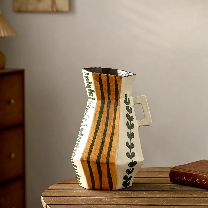 Mid Century Hand Painted Geometric Ceramic Vase, Orange Green Striped Table Ornament for Living Room & Entryway