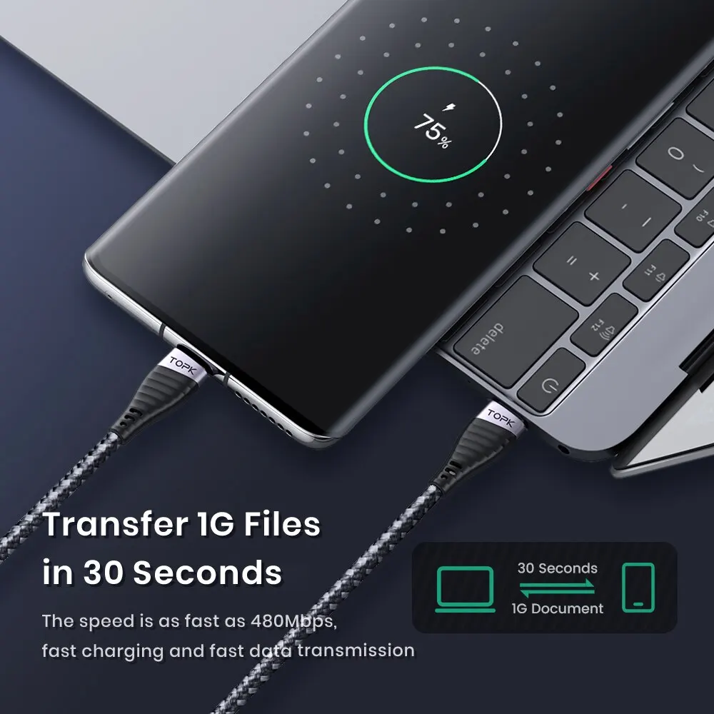 TOPK 60W USB C a Tipo C Cavo PD Cavo di ricarica rapido Cavo dati per MacBook Huawei Xiaomi POCO Cavo USB-C Samsung