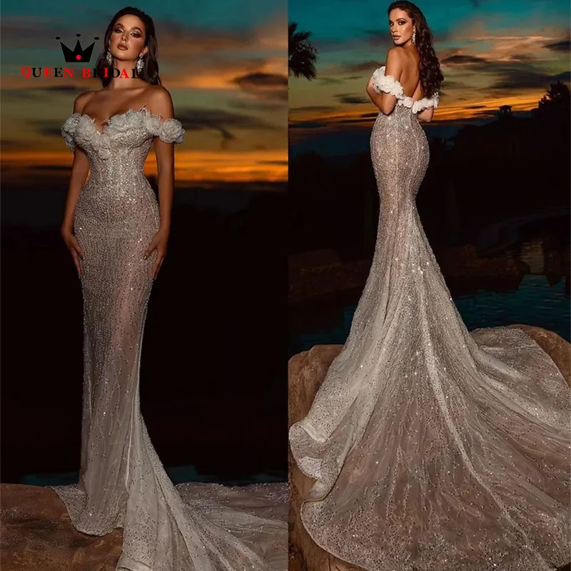 Luxury Sequined Pearls Lace Wedding Dress 2023 Off Shoulder Sexy Mermaid Sweetheart Bridal Gown Robe De Mariée Custom Y50N