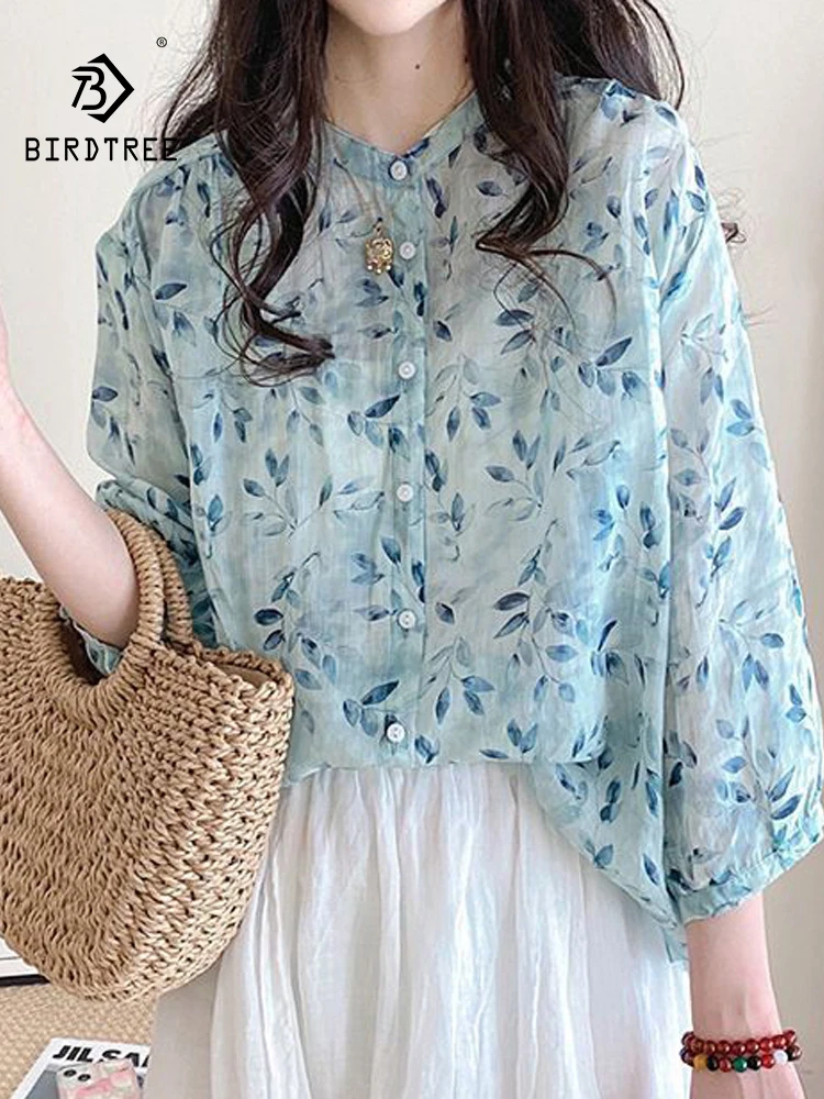 

New Spring Cotton Flower Printed Shirt Women Stand 3/4 Sleeve Literature Tops Girl Loose Versatile Blouses 2024 Autumn T45308QC