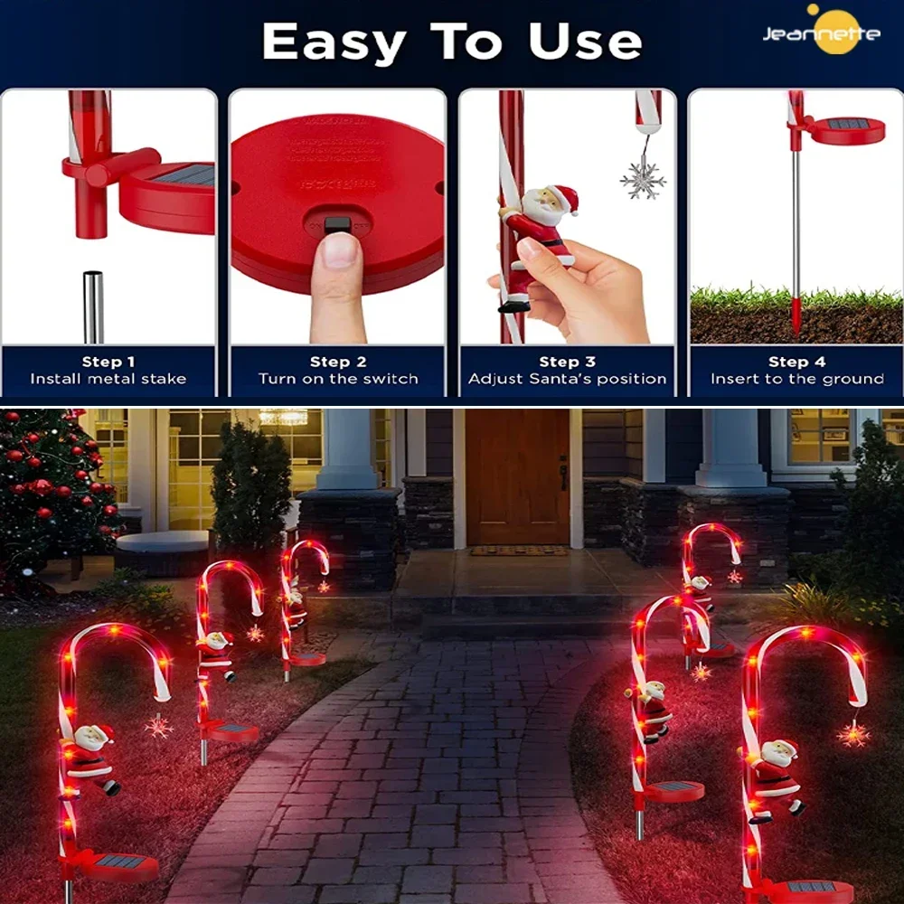 2PCS Candy Cane LED Solar Lights Christmas Lights Navidad Decor Outdoors Waterproof Cane Lights with Star Pathway Solar Lamp