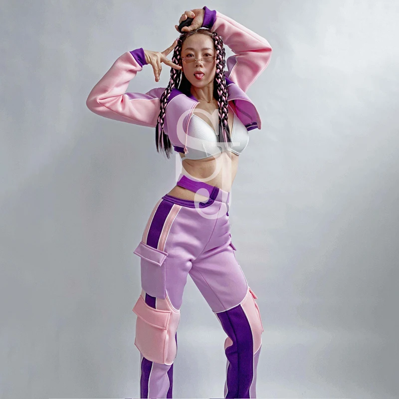 Gogo Daner Outfits Sexy Festival Costume Women Jazz Clothing Purple Coat Cargo Pants Nightclub Dj Ds Stage Pole Clothes XS6373