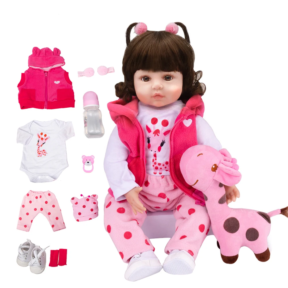 Boneca Bebê Reborn Girafa Menina 48cm Corpo de Silicona Com Brinquedo de Pelúcia Girafinha