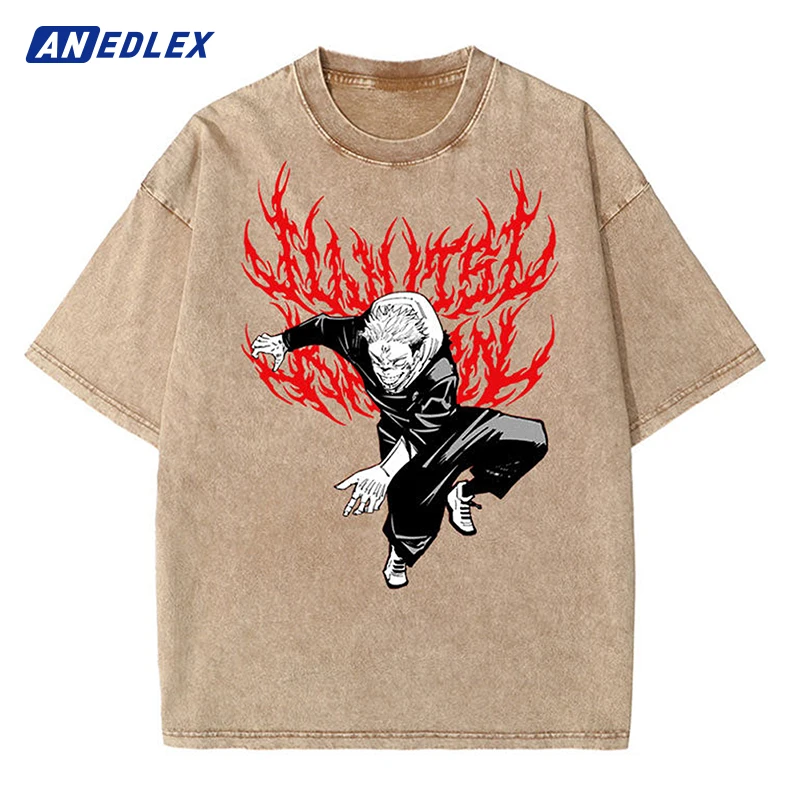 Men Washed Apricot Loose T-Shirt Hip Hop Streetwear Anime Print Oversize Tshirt Summer Short Sleeve Cotton Vintage Tops Tees