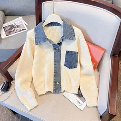 Denim Stitching Sweater Coat Women 2024Autumn New Vintage Lazy Style Coat Contrast Color Top Single Breasted Warm Sweater Female