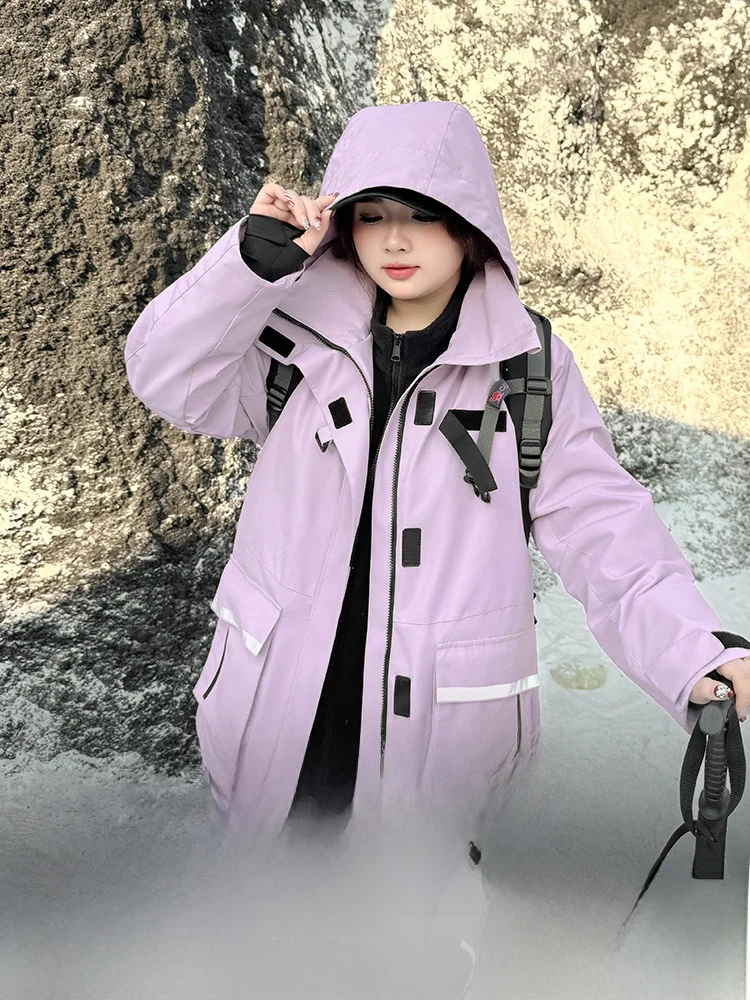 

Женский лыжный костюм большого размера, ветрозащитный, водонепроницаемый, зимний, теплый, с капюшоном, рабочая одежда, брюки, модная Корея...