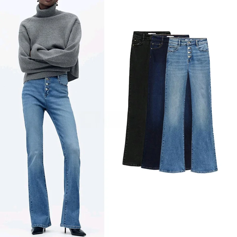 ربيع المرأة عادية تأثير Waed ألف خط السراويل عالية الخصر Ele Bell الجينز تخفيف Sle سستة كيت السراويل الطويلة