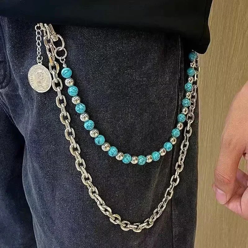 Metal Punk Rock Layered Beads Chain Keychains For Men Women Waist Key Chain Jeans Hip-hop Pants Belt Chains Jewelry Accessories
