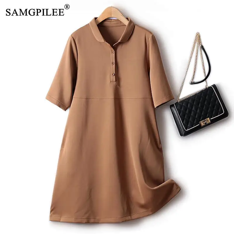 

Elegant Dresses For Women 2022 Autumn New Casual Turn Down Collar Air Cotton Stitching A-line Short-sleeved Slim Female Dress