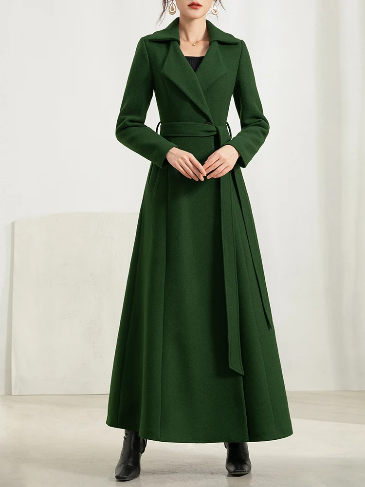 Pop Women Woolen Overcoat Spring Nice Elegant Fashion Green Suit Collar Solid Color All-match Thick Slim Long Wool Blends Coat