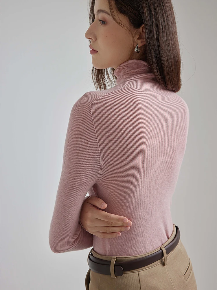 

Pink High Ne Sl Knitted Sweater Women's Autumn Winter Slim Fit Commute Sle Wool Blend Long Sve Base irt