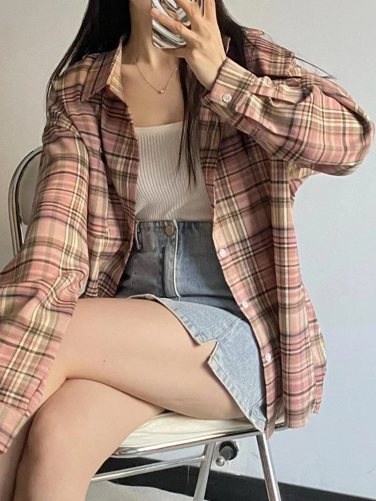 Loose Casual Long Sleeves Blouses Autumn Female Blouses 2024 Korean Fashion Simple Style Plaid MIdi Length Blouse