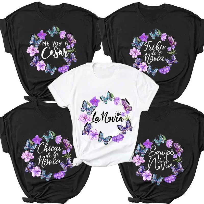 Team Bride Squad T-shirt Spanish Girl Bachelorette Hen Party T Shirt Friends Bridal Shower Tshirt Floral Butterfly Tee EVJF Tops