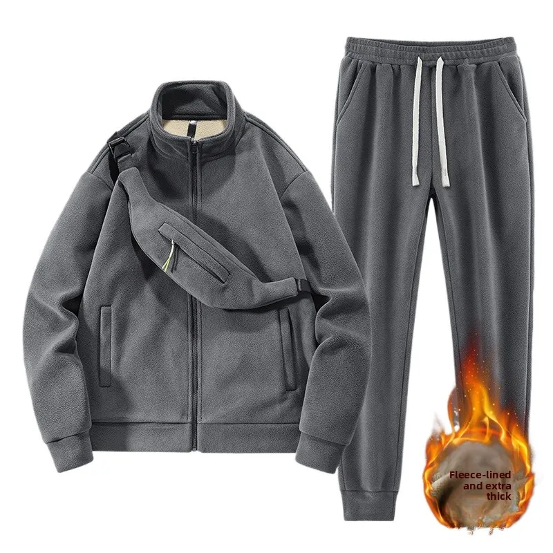 

2025 New Men's Autumn and Winter New Thickened Fleece Warm Set, Loose Stand Collar Jacket, Fashionable Casual Full Outfit