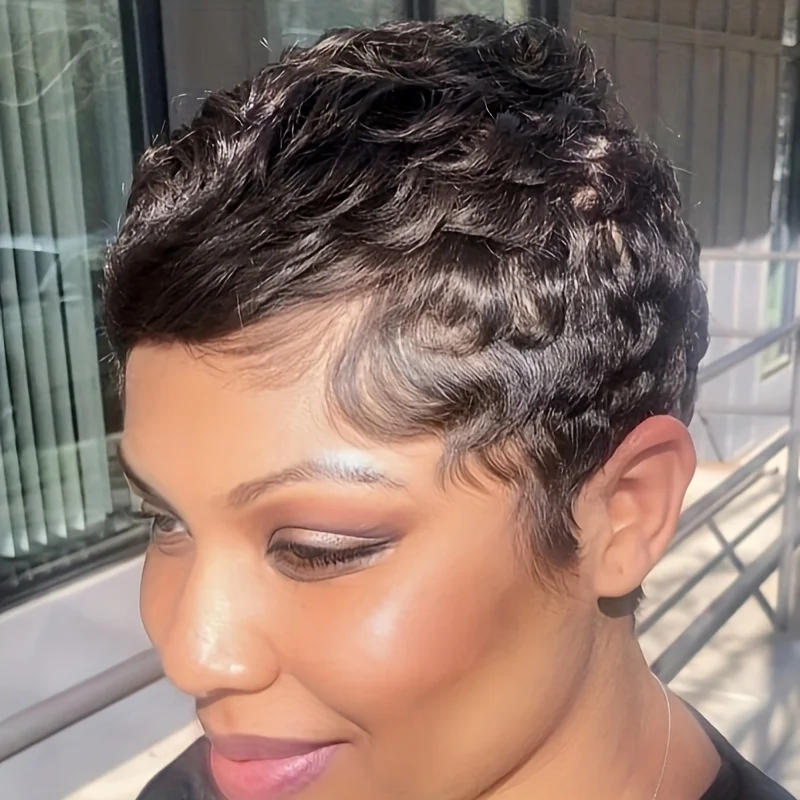 

Шикарный парик с стрижкой пикси для женщин, бразильский многослойный короткий парик из натуральных человеческих волос с натуральным черным цветом, парик машинного производства