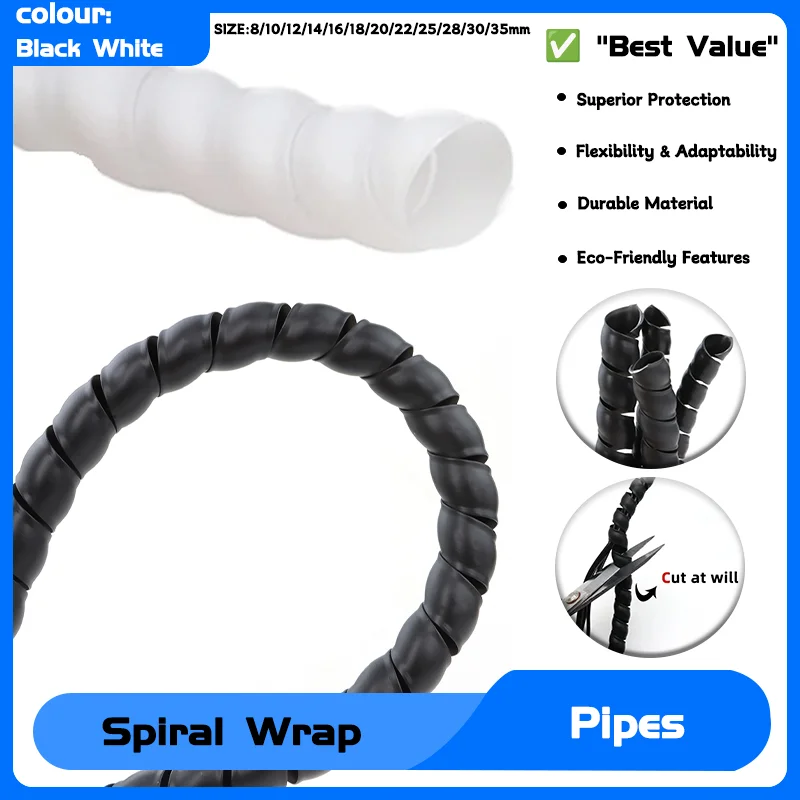 

8/10/12/14/16/18/20/22/25/28/30/35mm 1~10M Black/White Spiral Wrap Pipe Tube Cable Sleeve Protection Wire Line Organizer