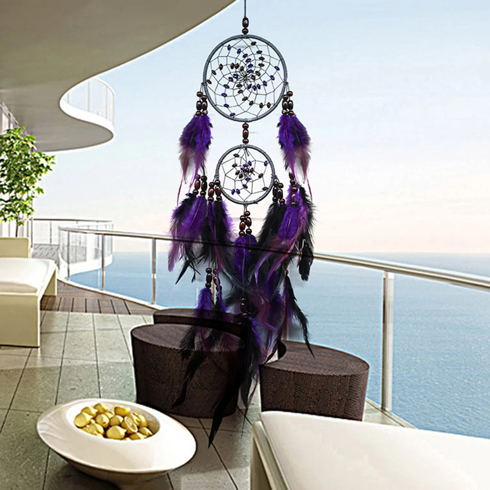 Purple Feather Dream Catcher Pendant Hand-woven Car Decor Pendant Two-ring Art Crafts Romantic Creative for Party Decoration
