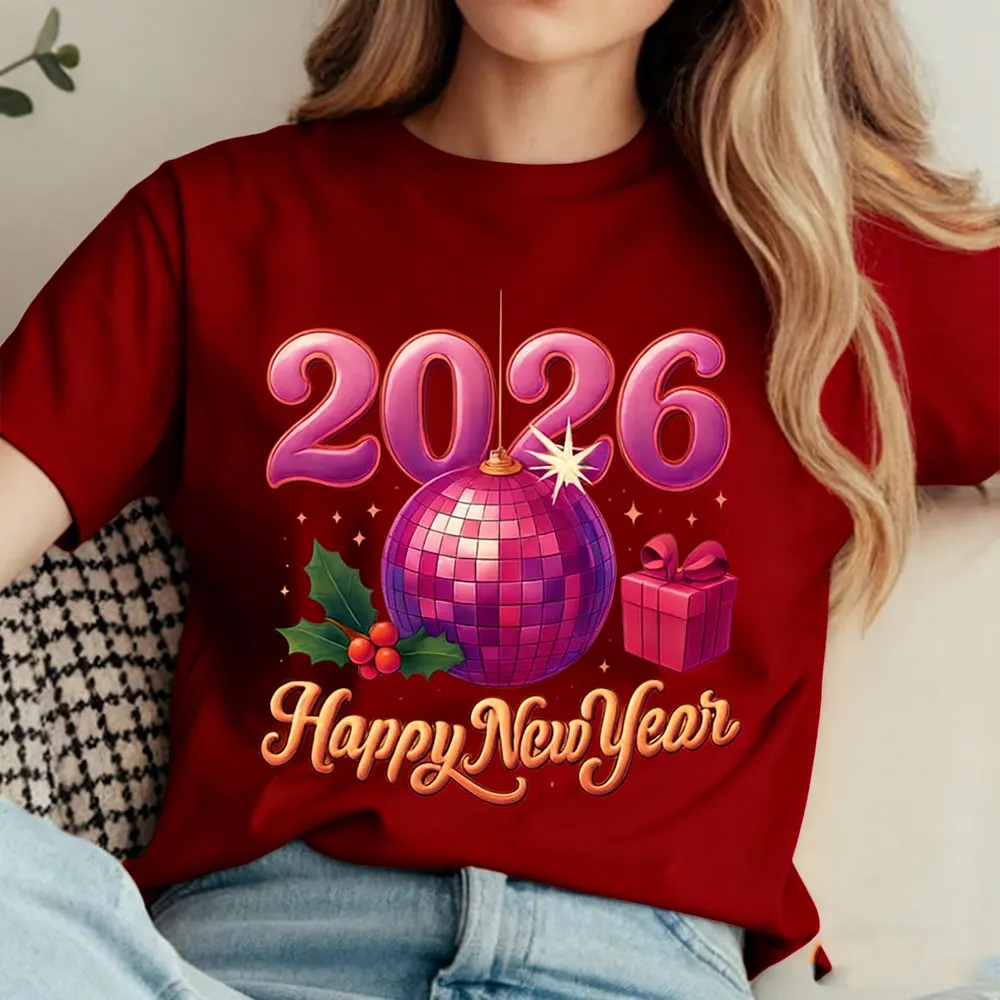 سنة سعيدة 2026 العصرية ليلة رأس السنة المرأة قميص السنة الجديدة الجرافيك تي شيرت الرجعية السنة الجديدة ديسكو الكرة الجرافيك Y2k بلايز القمصان #4