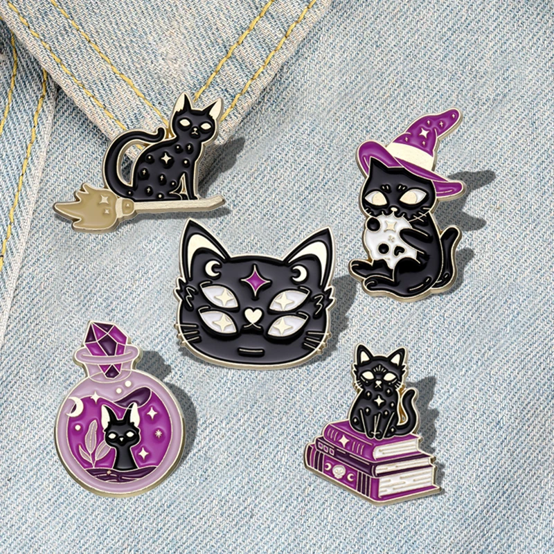 Witch Cats Enamel Pins Custom Black Kitten Spell Book Magic Potion Brooches Lapel Badges Gothic Animal Jewelry Gift for Friends