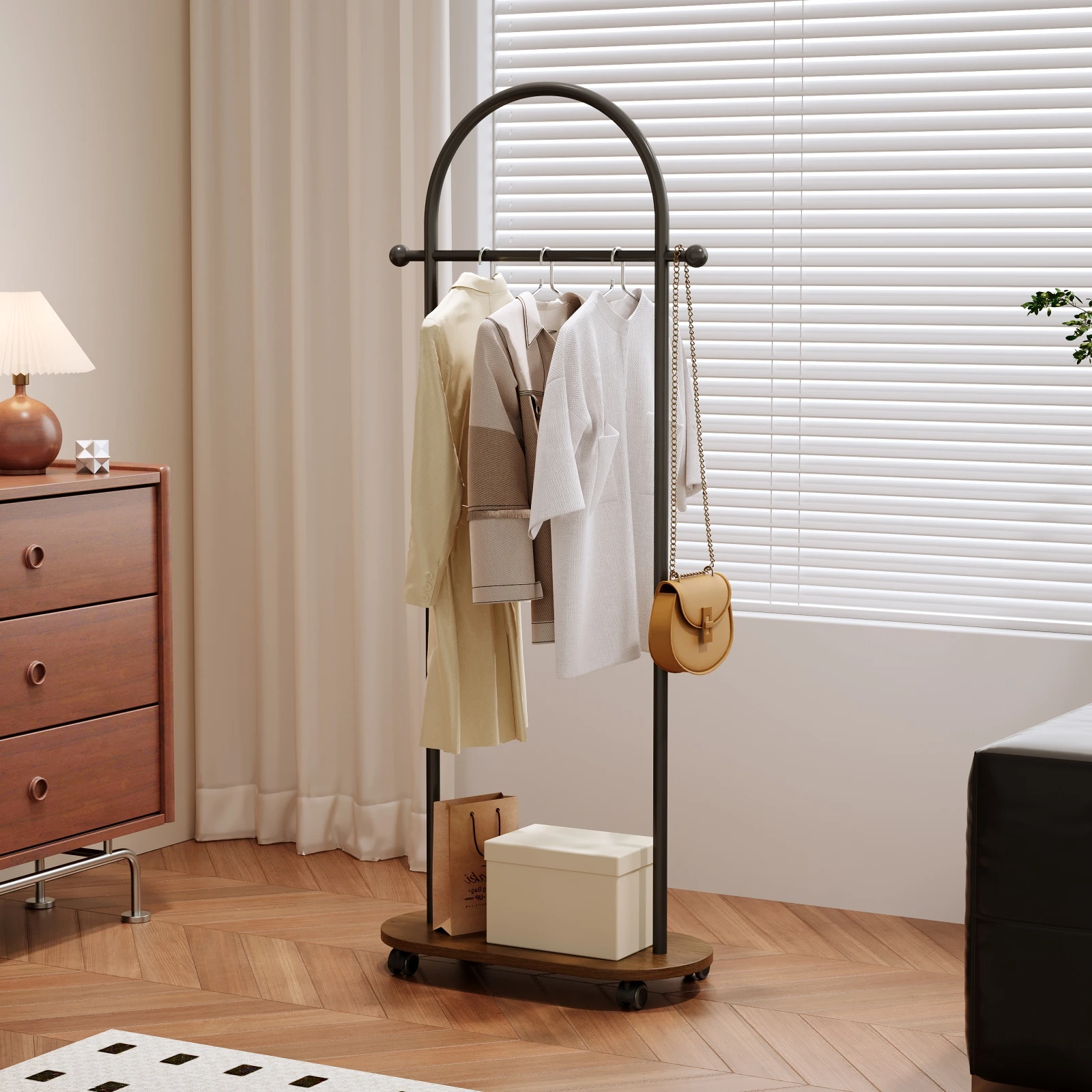 Household floor-standing bedroom clothes rack, movable vintage wooden coat rack, new storage clothes hanging rack