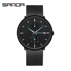 Fashion Sanda Mens Top Brand Luxury Quartz Watch Men Casual Slim Mesh Steel And Leather Waterproof Sport Relogio Masculino