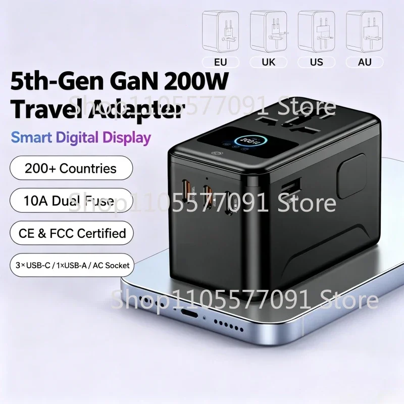 Travel Adapter 200W Digital Display Animation Fast Charging Conversion Socket Universal Plug For Global Travel Trip Use
