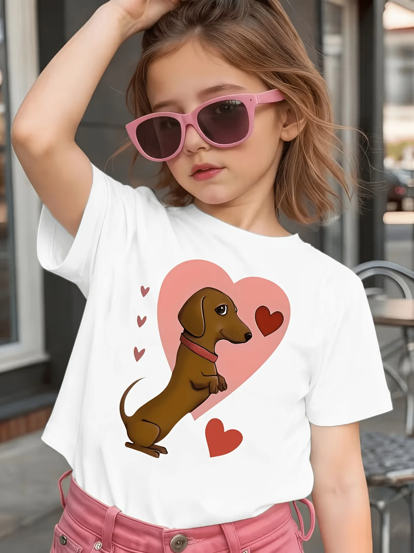 Cute Heart Dachshund Dog Graphic Kids Tee Boys Girls Family Matching Cotton Crew Neck Short Sleeve Soft Casual Summer Tee