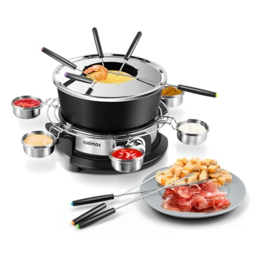 

CUSIMAX Electric Fondue Set 1300W with Temperature Control for Cheese Chocolate Oil Broth 2L Non-Stick Pot Black 8 Forks 6 Cups