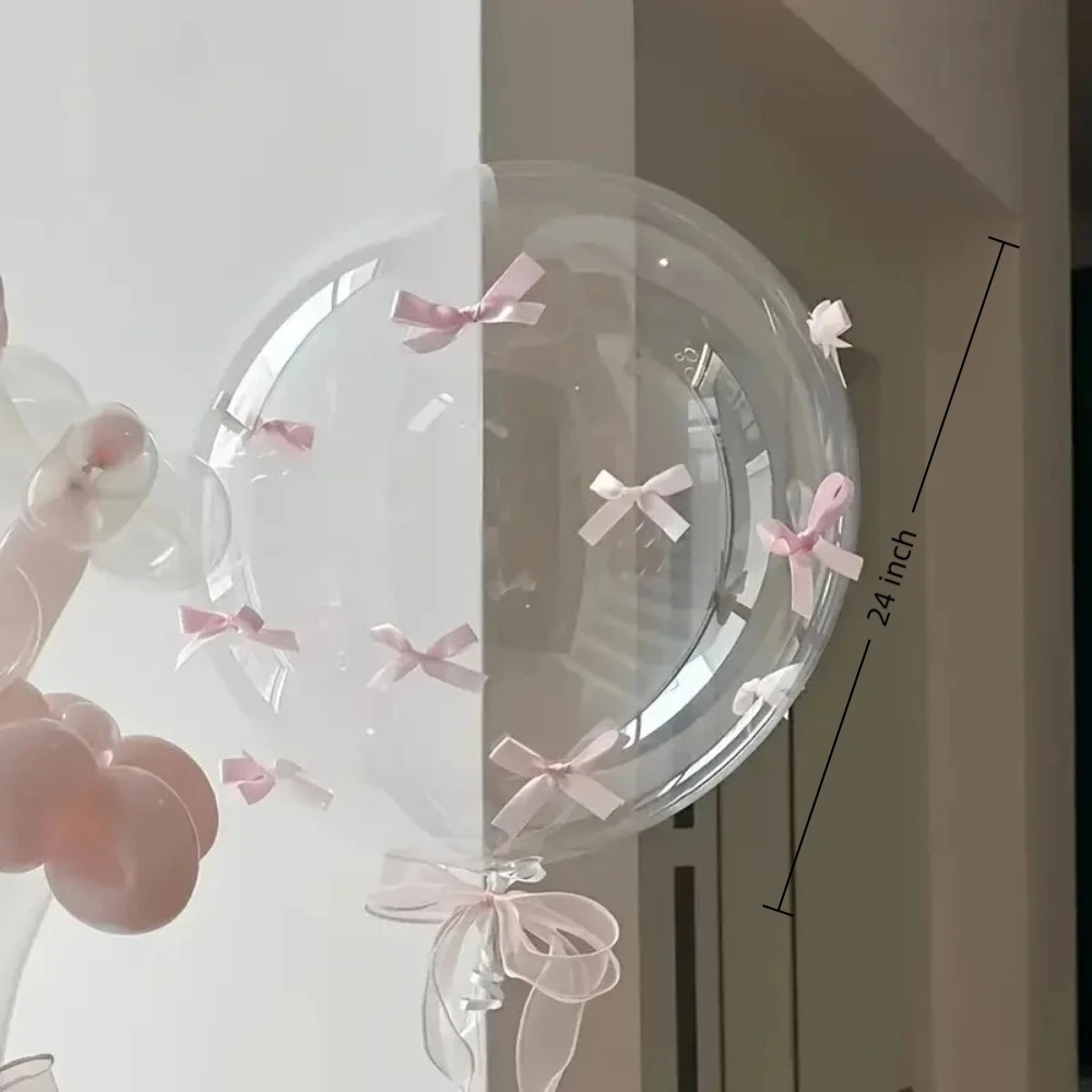 بالون على شكل فيونكة وردية شفافة مقاس 24 بوصة، بالون من رقائق الألومنيوم المستدير، شريط لتزيين حفلات أعياد الميلاد