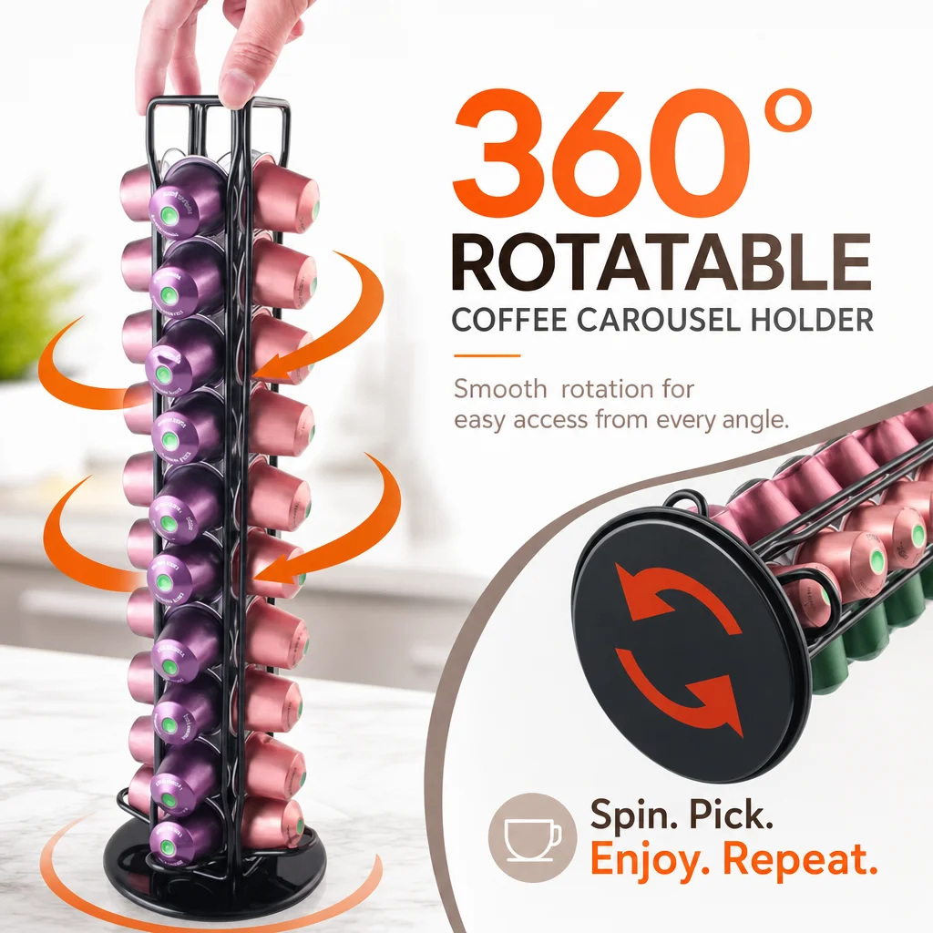 360° Rotatable Coffee Nespresso Dolce Gusto Capsule Holder Organizer Accesorios Display Rack Max Capacity 40 Capsules Metal Plat