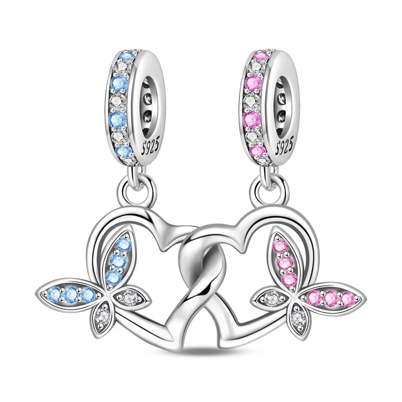 925 Sterling Silver Double Butterfly Couple Charms Pendant Fit Original Bracelet DIY Women Engagement Jewelry Gift