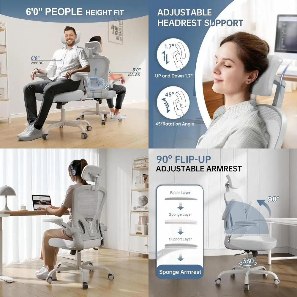 Ergonomic High-Back Desk Chair, 330lbs Capacity, Comfortable Swivel Office Chair with Flip-Up Armrests for Long Hours (Grey)