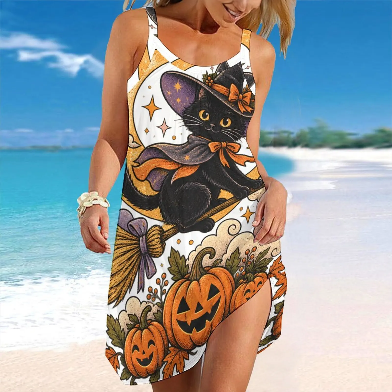 Women Spaghetti Strap Beach Dress V Neck Pleated Loose Mini Dress Custom Print Ladies Vacation Cover Up Dress