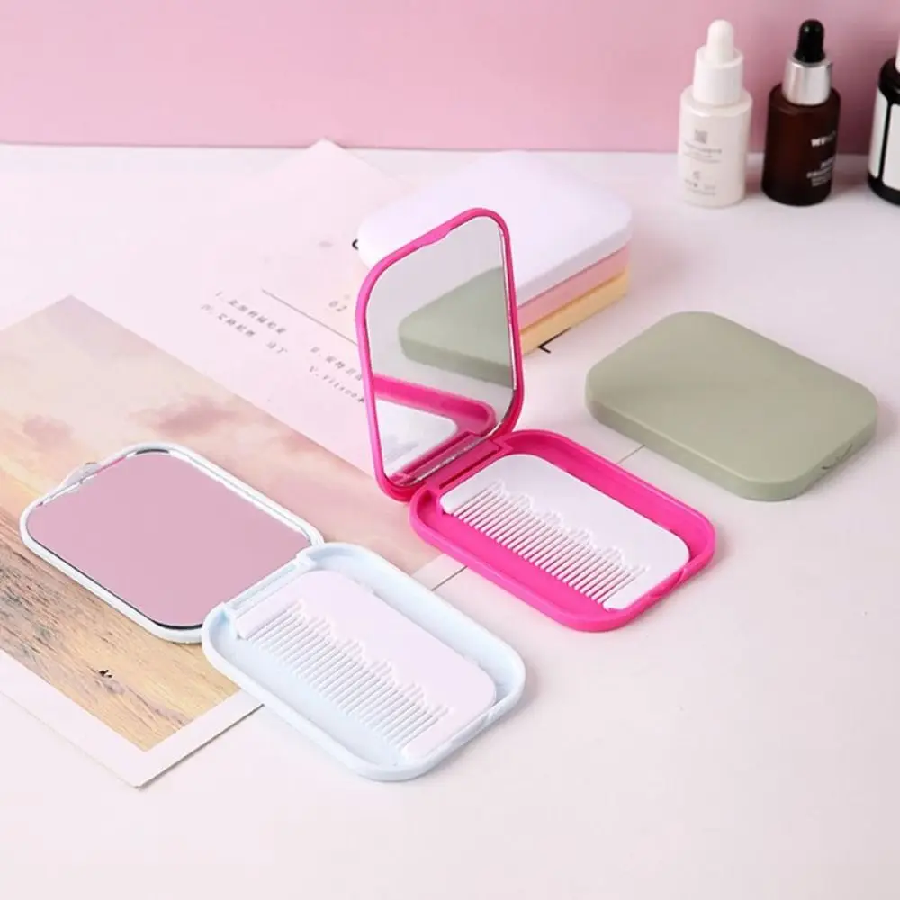 Portable Solid Color Pocket Makeup Mirror Wear-resistant Smooth Handheld Folding Mirror With Comb Cosmetic Mirror Desktop