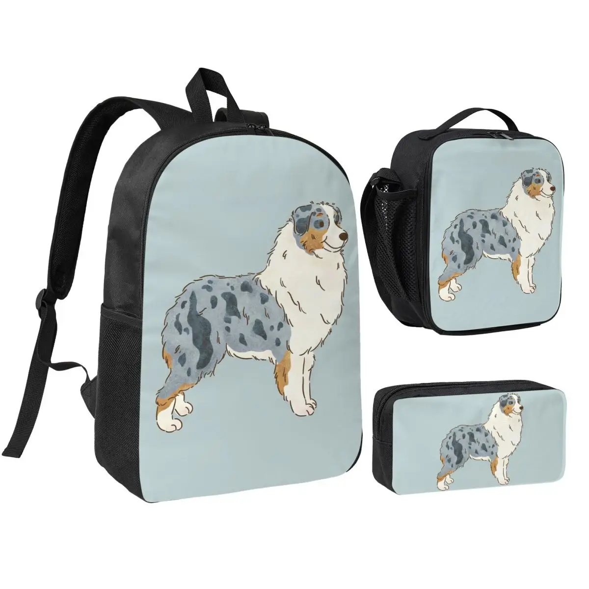 Australian Shepherd Aussie Dog Backpack Boys Girls BookBag School Bag Shoulder Bags 3ps Insulated Lunch Bag Pencil Case