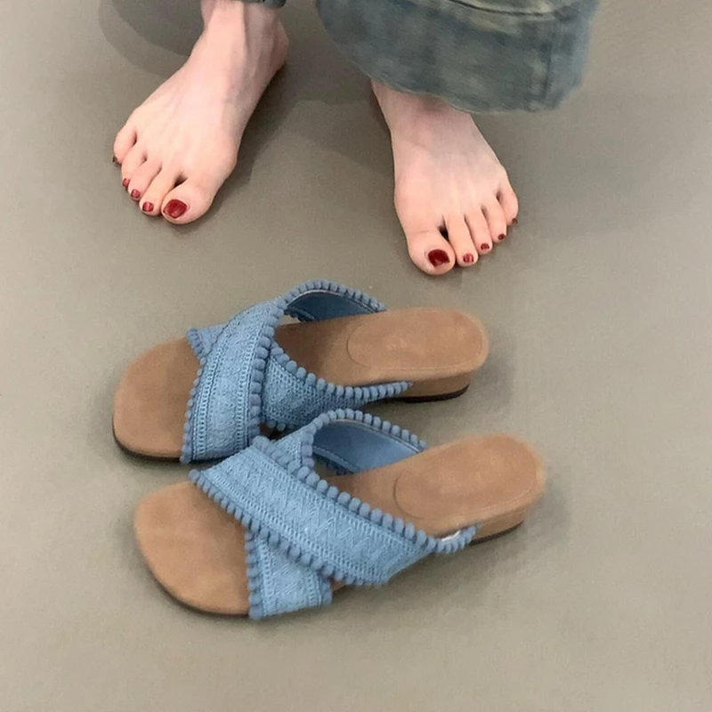 

Thick Bottom Cross Strap Round Head Open Toe Sandals One Foot Stirrup Retro Outer Wear Flat Slippers