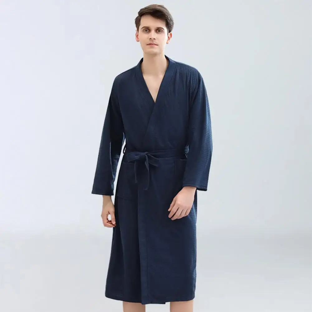 Men Bathrobe Waffle Long Style Solid Color Thin Soft Sleepwear Loose Cardigan Men Fall Nightgown For Home