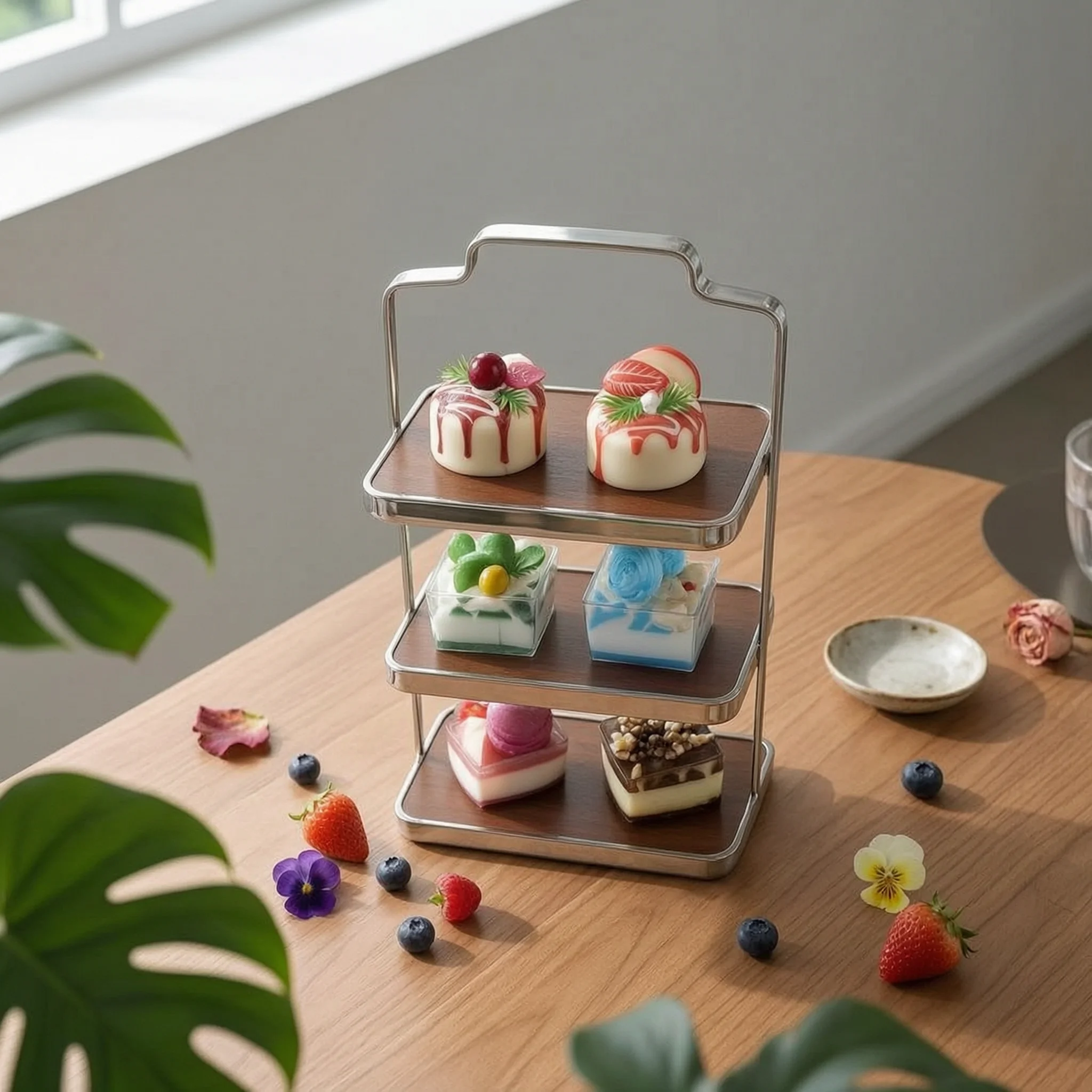 Three-Tier Dessert Stand Stable-Looking Wood-Tone Dessert Tray Stand Tiered Serving Tray Modern Design Tableware