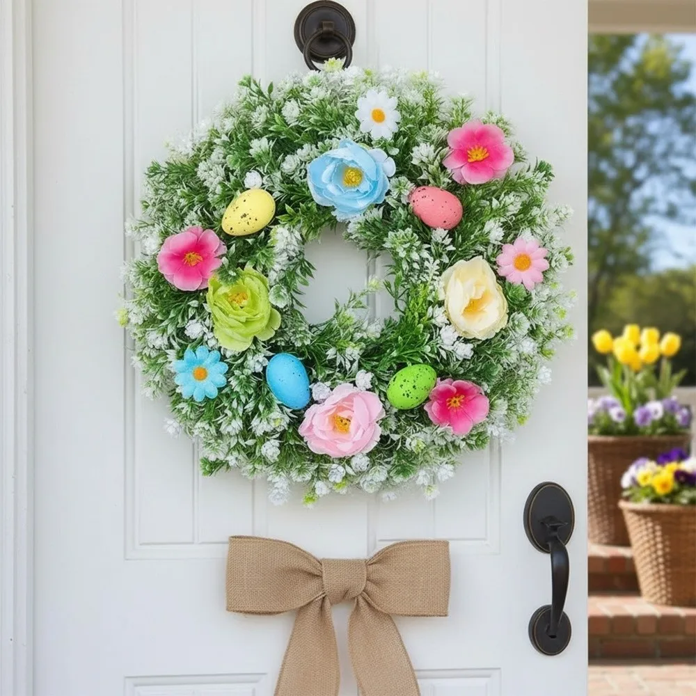

Plastic Easter Decoration Wreath Simulated Plant Lifelike Spring Floral Wreath Faux Flowers Handmade Door Hanging Wreath