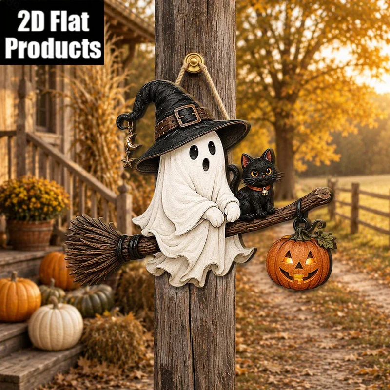 Halloween Ghost Witch Broom Wooden Hanging Sign, Black Cat Pumpkin Plaque, 2D Flat Wood Door Hanger, Fall Front Door Wall