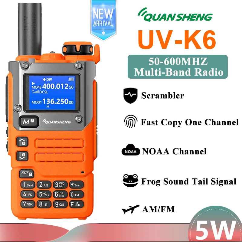 UV-K6 Walkie Talkie Quansheng Orange 50-600MHz Full Band Receiving Type C Charge Air Band 5W DTMF Scrambler NOAA UV-K58 UV-K5(8)