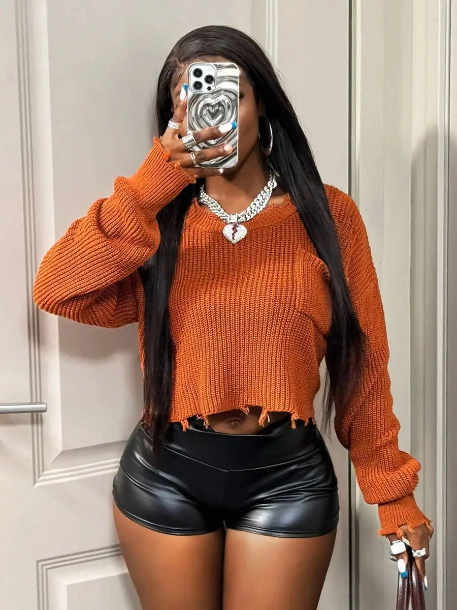 

Women's Orange Cropped Knit Sweater with Distressed Hem, Long Sleeve, Round Neck