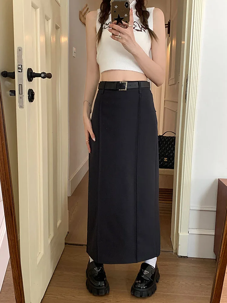 S-XL3Colors Women Long Skirt Spring Summer 2023 Korean Style High Waist Skinny Pencil Suit Long Skirts Female+belt(75098